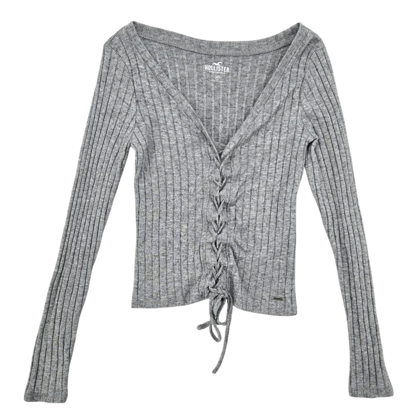 Hollister Medium Grey Lace Up Ribbed Knit Womens Coquette Preppy Y2k Style Top